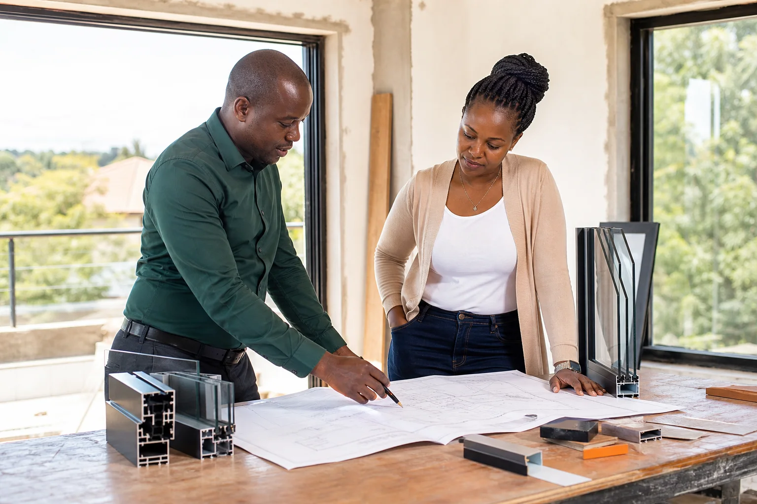 Aluminium project consultant reviewing plans and material samples with a client