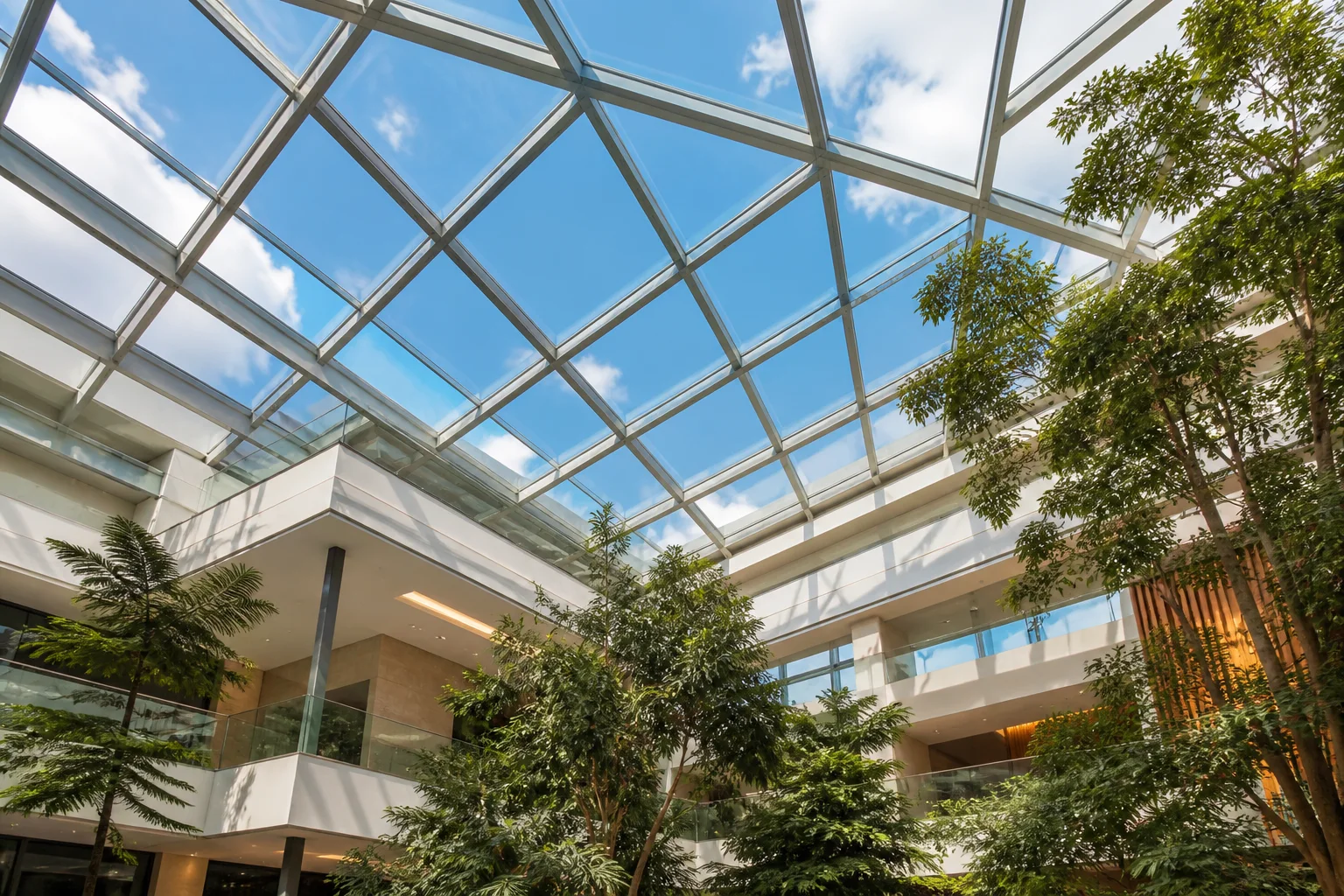 Structural glass roof glazing over a bright atrium