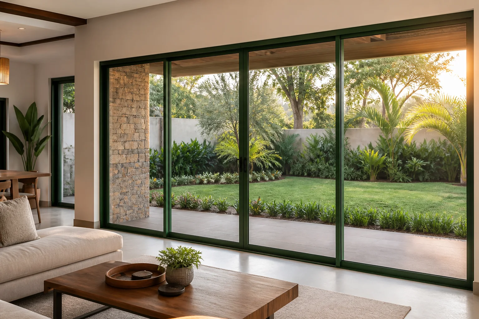 Aluminium sliding windows opening onto a landscaped garden